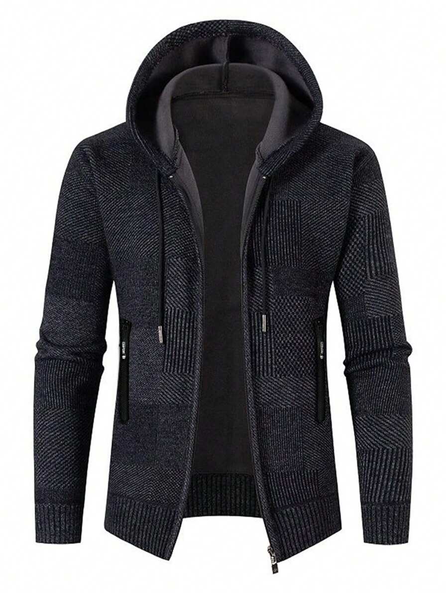 Korean Style Men's Zip-Up Thermal Lined Thick Business Casual Commute Warm Front-Zip Long Sleeve Fitted Knit Jacket With Pockets And Hood, Fall/Winter, Thermal Lined Jacket