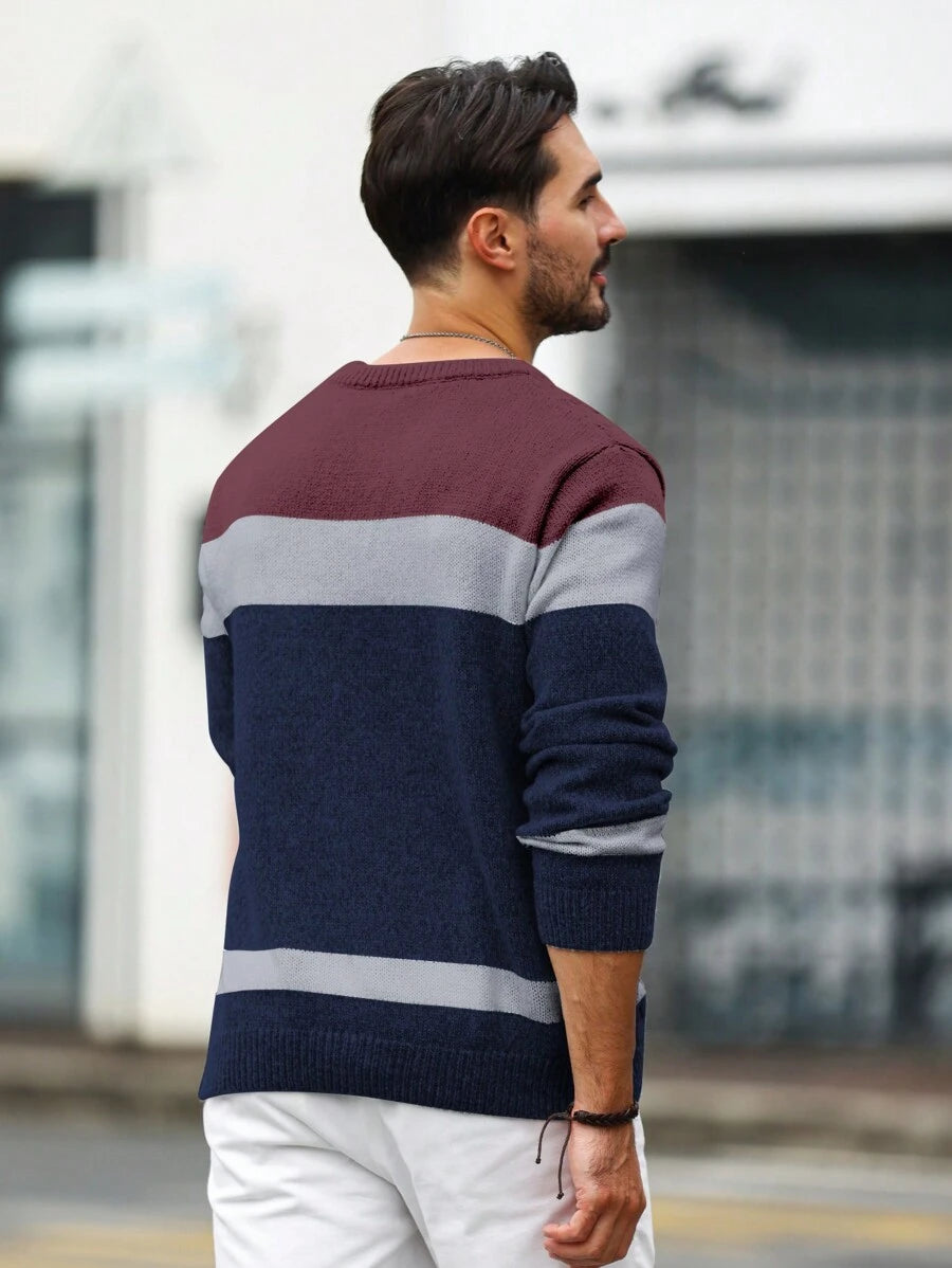 Manfinity Homme Men's Casual Crew Neck Long Sleeve Sweater With Cable Pattern And Contrast Color, Autumn/Winter Mens Jumpers