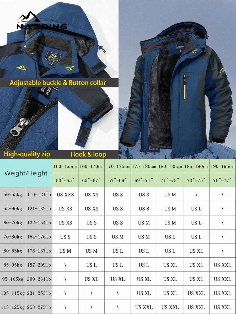 NASBING Men's Winter Ski Jacket Water Resistant Windproof Snowboard Thermal Lined Hooded Winter Clothes 4 Pockets Parka Hiking Camping Climbing,Fleece,Skiing