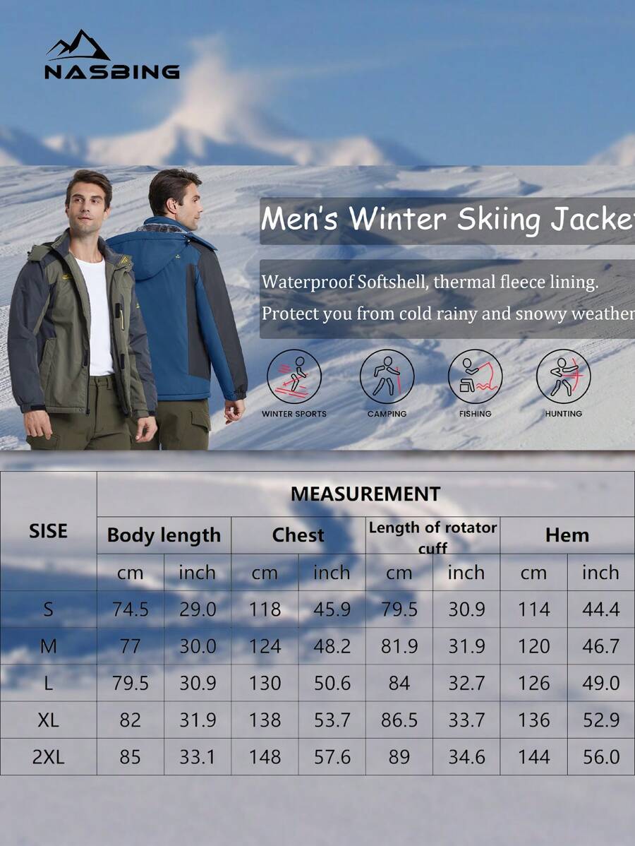 NASBING Men's Winter Ski Jacket Water Resistant Windproof Snowboard Thermal Lined Hooded Winter Clothes 4 Pockets Parka Hiking Camping Climbing,Fleece,Skiing
