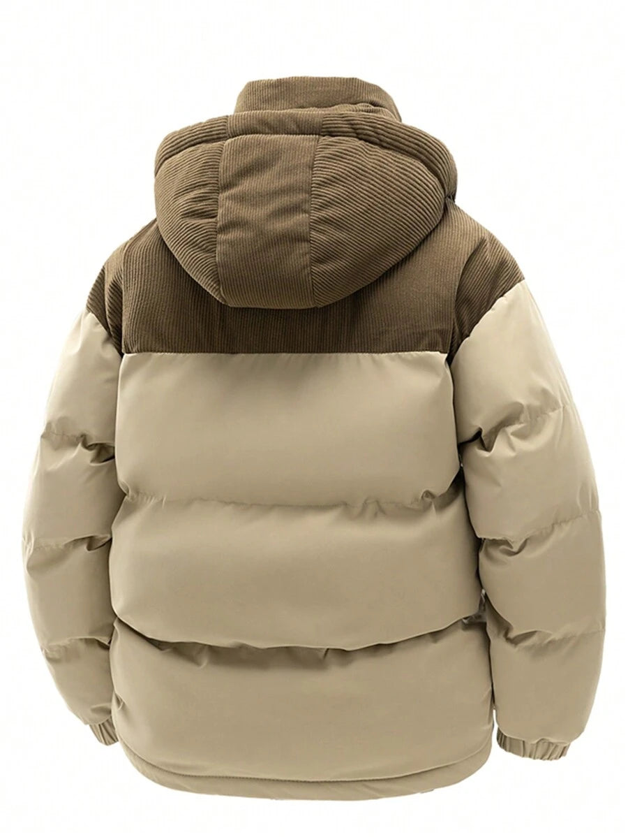 Men's Autumn/Winter Color Block Thickened Warm Hooded Padded Coat