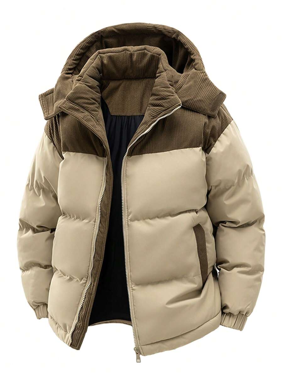 Men's Autumn/Winter Color Block Thickened Warm Hooded Padded Coat
