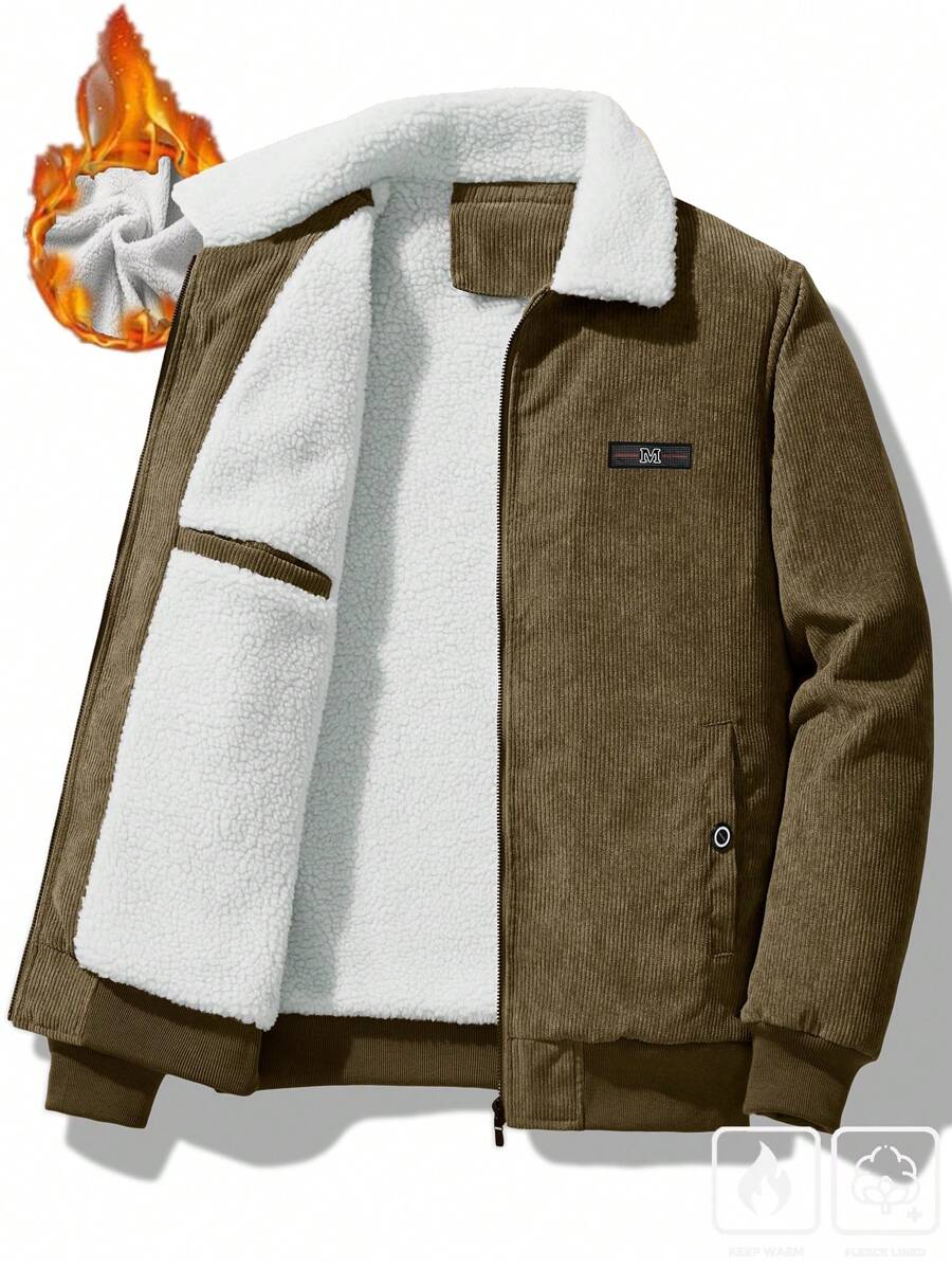 Manfinity Homme Men's Corduroy Thickened -Padded Coat For Autumn & Winter Men Winter Jacket Blue Corduroy Jacket Fleece Jacket Men Men Corduroy Jacket Men Thermal Lined Corduroy Jacket