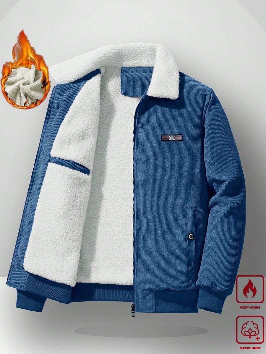 Manfinity Homme Men's Corduroy Thickened -Padded Coat For Autumn & Winter Men Winter Jacket Blue Corduroy Jacket Fleece Jacket Men Men Corduroy Jacket Men Thermal Lined Corduroy Jacket