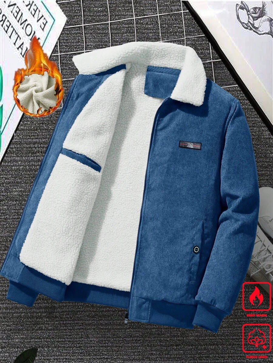 Manfinity Homme Men's Corduroy Thickened -Padded Coat For Autumn & Winter Men Winter Jacket Blue Corduroy Jacket Fleece Jacket Men Men Corduroy Jacket Men Thermal Lined Corduroy Jacket