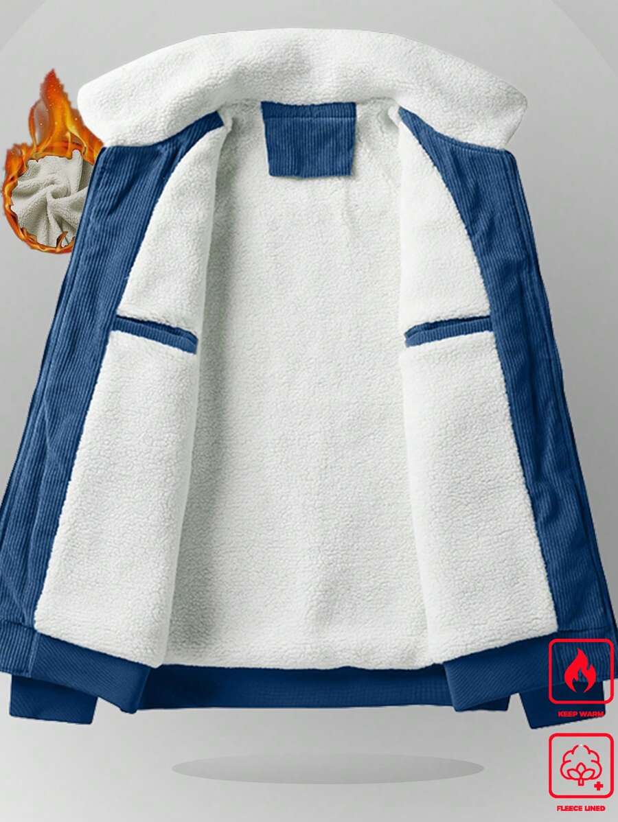 Manfinity Homme Men's Corduroy Thickened -Padded Coat For Autumn & Winter Men Winter Jacket Blue Corduroy Jacket Fleece Jacket Men Men Corduroy Jacket Men Thermal Lined Corduroy Jacket