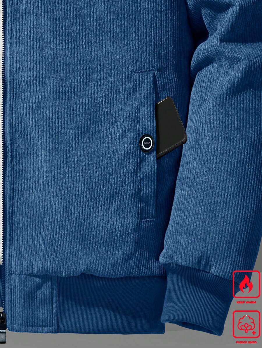 Manfinity Homme Men's Corduroy Thickened -Padded Coat For Autumn & Winter Men Winter Jacket Blue Corduroy Jacket Fleece Jacket Men Men Corduroy Jacket Men Thermal Lined Corduroy Jacket