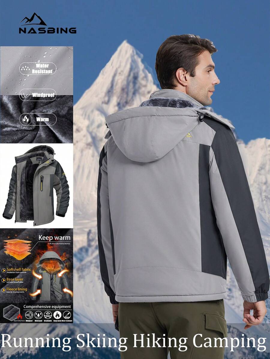 NASBING Men's Winter Ski Jacket Water Resistant Windproof Snowboard Thermal Lined Hooded Winter Clothes 4 Pockets Parka Hiking Camping Climbing,Fleece,Skiing