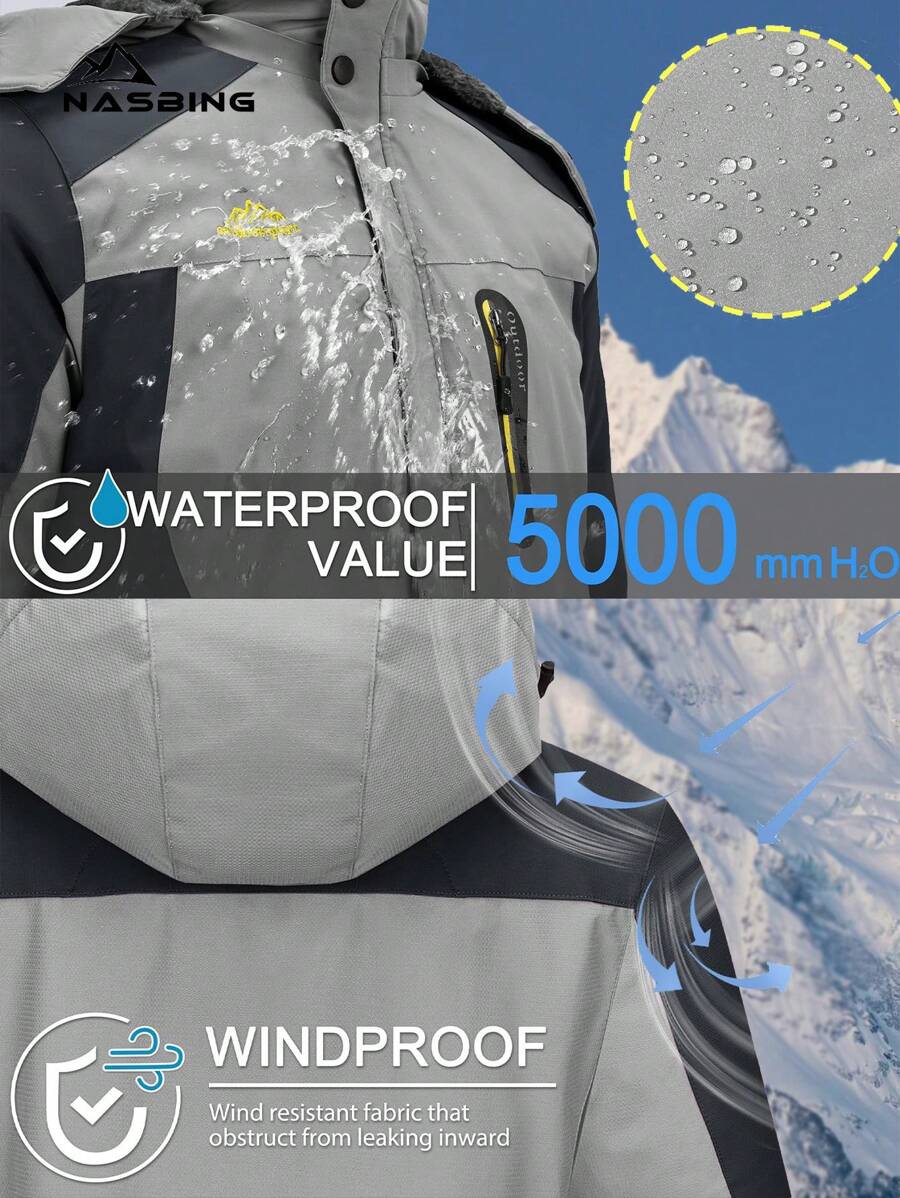NASBING Men's Winter Ski Jacket Water Resistant Windproof Snowboard Thermal Lined Hooded Winter Clothes 4 Pockets Parka Hiking Camping Climbing,Fleece,Skiing