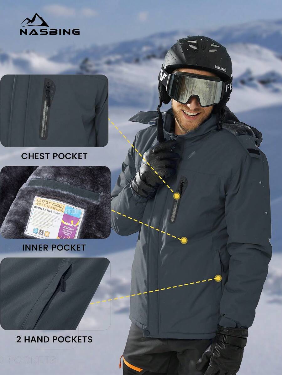 NASBING Men's Winter Ski Jacket Water Resistant Windproof Snowboard Thermal Lined Hooded Winter Clothes 4 Pockets Parka Hiking Camping Climbing,Fleece,Skiing