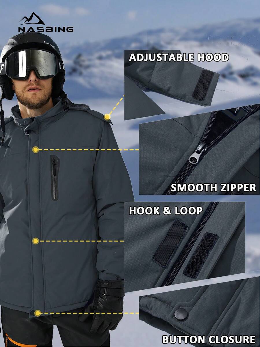 NASBING Men's Winter Ski Jacket Water Resistant Windproof Snowboard Thermal Lined Hooded Winter Clothes 4 Pockets Parka Hiking Camping Climbing,Fleece,Skiing