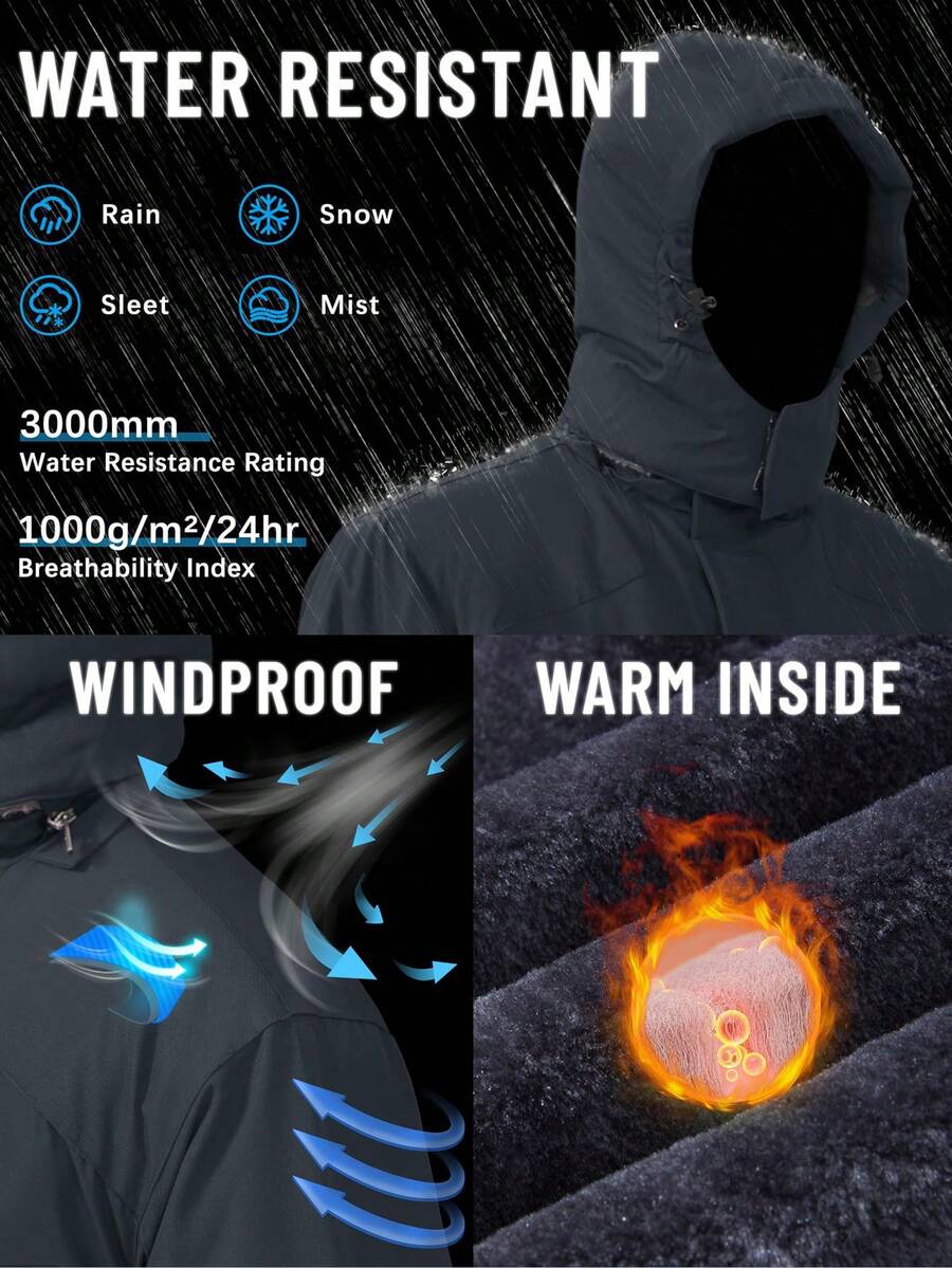 NASBING Men's Winter Ski Jacket Water Resistant Windproof Snowboard Thermal Lined Hooded Winter Clothes 4 Pockets Parka Hiking Camping Climbing,Fleece,Skiing