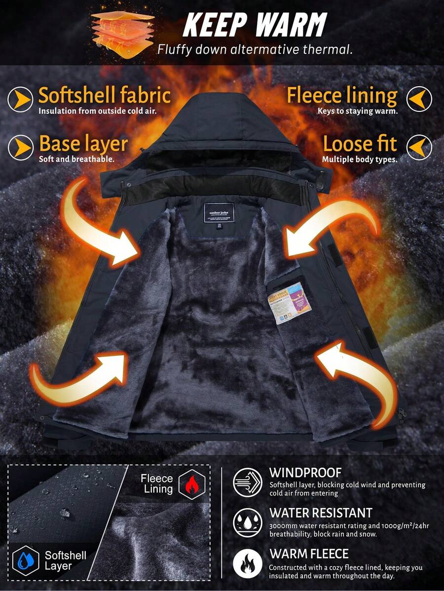 NASBING Men's Winter Ski Jacket Water Resistant Windproof Snowboard Thermal Lined Hooded Winter Clothes 4 Pockets Parka Hiking Camping Climbing,Fleece,Skiing