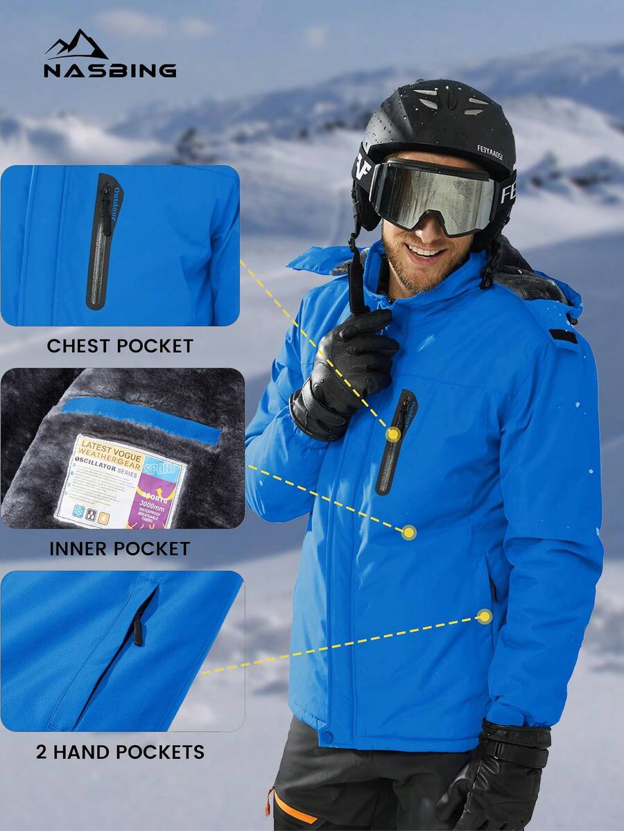 NASBING Men's Winter Ski Jacket Water Resistant Windproof Snowboard Thermal Lined Hooded Winter Clothes 4 Pockets Parka Hiking Camping Climbing,Fleece,Skiing