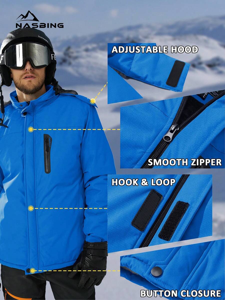 NASBING Men's Winter Ski Jacket Water Resistant Windproof Snowboard Thermal Lined Hooded Winter Clothes 4 Pockets Parka Hiking Camping Climbing,Fleece,Skiing