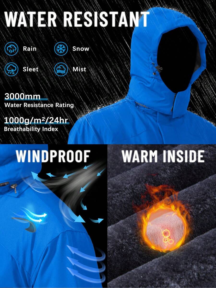 NASBING Men's Winter Ski Jacket Water Resistant Windproof Snowboard Thermal Lined Hooded Winter Clothes 4 Pockets Parka Hiking Camping Climbing,Fleece,Skiing