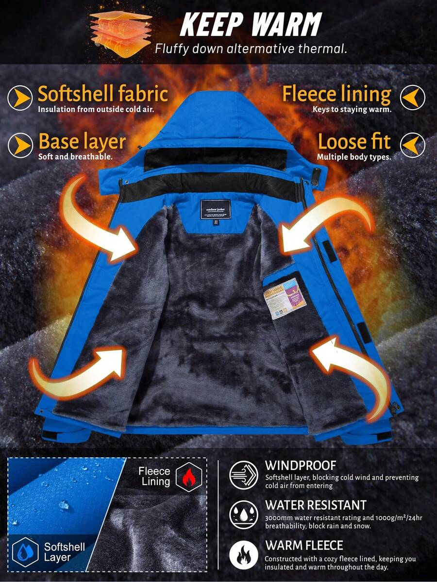 NASBING Men's Winter Ski Jacket Water Resistant Windproof Snowboard Thermal Lined Hooded Winter Clothes 4 Pockets Parka Hiking Camping Climbing,Fleece,Skiing