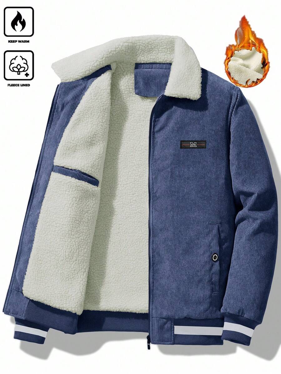 Manfinity Homme Men's Corduroy Thickened -Padded Coat For Autumn & Winter Men Winter Jacket Blue Corduroy Jacket Fleece Jacket Men Men Corduroy Jacket Men Thermal Lined Corduroy Jacket