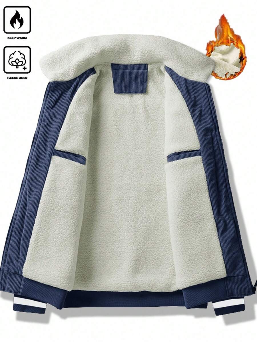 Manfinity Homme Men's Corduroy Thickened -Padded Coat For Autumn & Winter Men Winter Jacket Blue Corduroy Jacket Fleece Jacket Men Men Corduroy Jacket Men Thermal Lined Corduroy Jacket