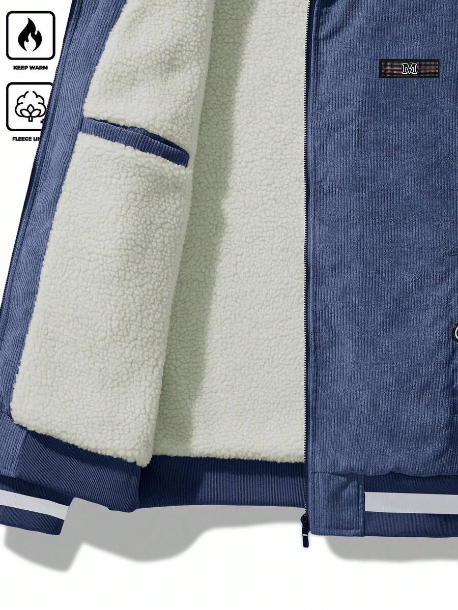 Manfinity Homme Men's Corduroy Thickened -Padded Coat For Autumn & Winter Men Winter Jacket Blue Corduroy Jacket Fleece Jacket Men Men Corduroy Jacket Men Thermal Lined Corduroy Jacket