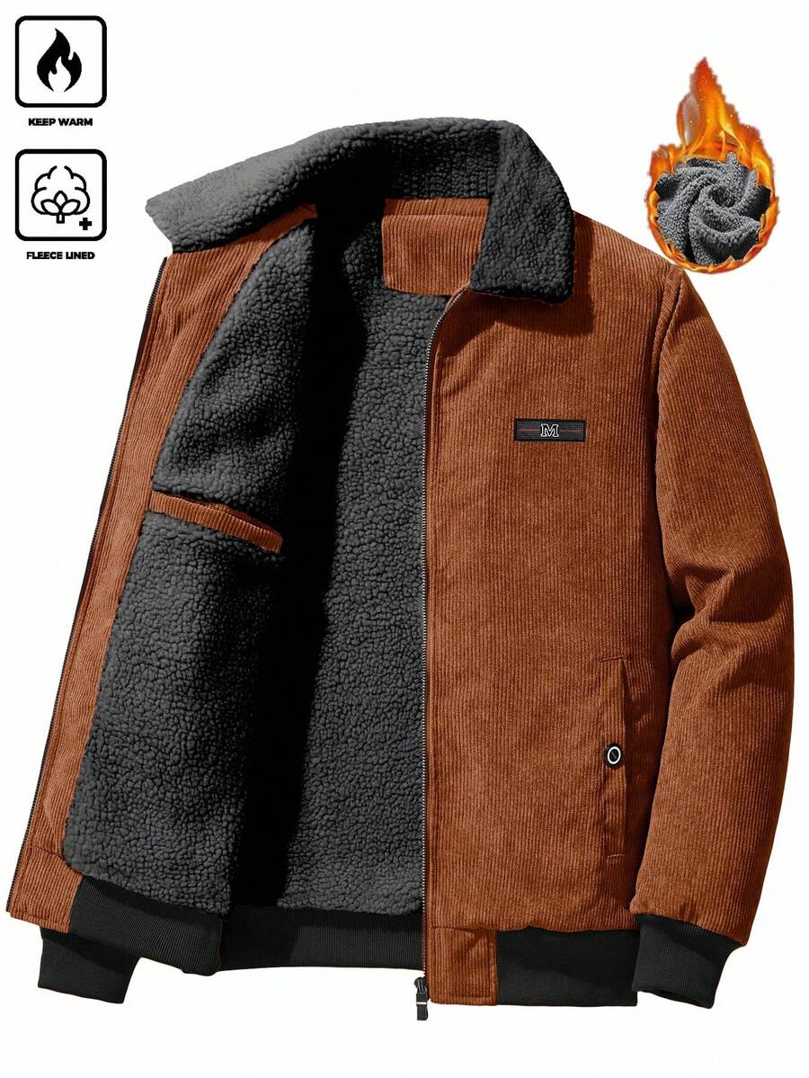 Manfinity Homme Men's Corduroy Thickened -Padded Coat For Autumn & Winter Men Winter Jacket Blue Corduroy Jacket Fleece Jacket Men Men Corduroy Jacket Men Thermal Lined Corduroy Jacket