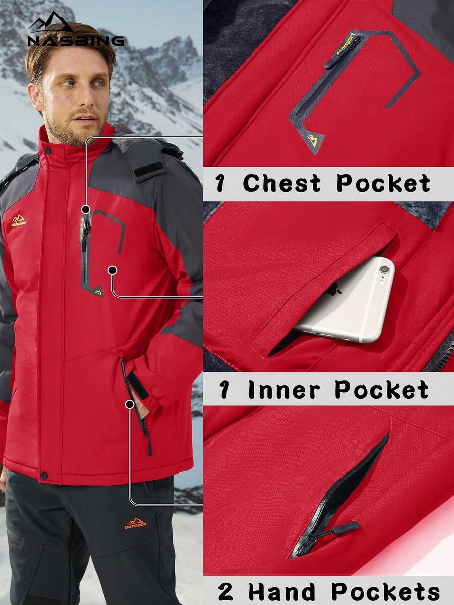 NASBING Men's Winter Ski Jacket Water Resistant Windproof Snowboard Thermal Lined Hooded Winter Clothes 4 Pockets Parka Hiking Camping Climbing,Fleece,Skiing