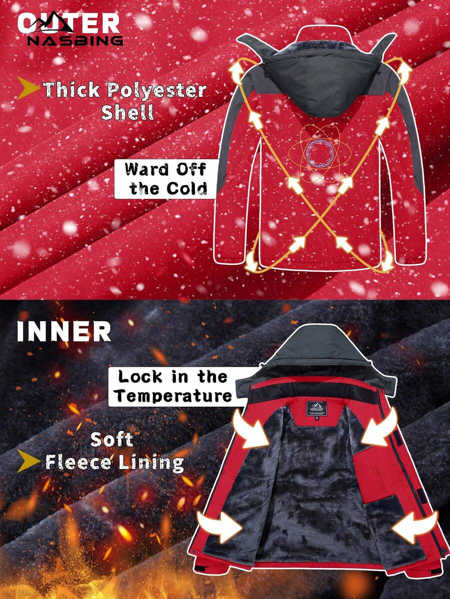 NASBING Men's Winter Ski Jacket Water Resistant Windproof Snowboard Thermal Lined Hooded Winter Clothes 4 Pockets Parka Hiking Camping Climbing,Fleece,Skiing