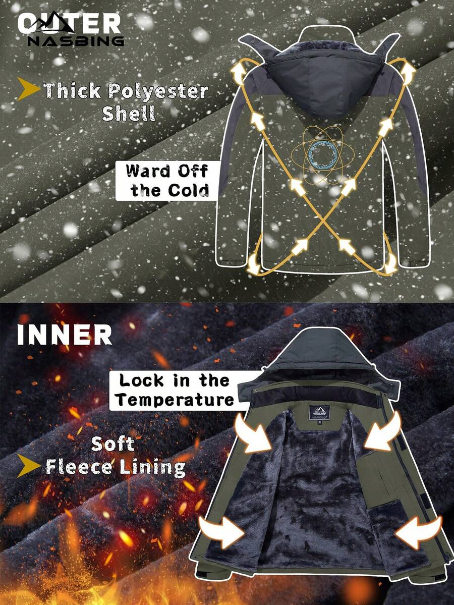 NASBING Men's Winter Ski Jacket Water Resistant Windproof Snowboard Thermal Lined Hooded Winter Clothes 4 Pockets Parka Hiking Camping Climbing,Fleece,Skiing