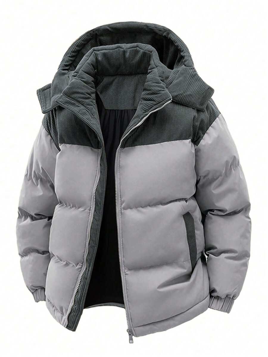 Men's Autumn/Winter Color Block Thickened Warm Hooded Padded Coat