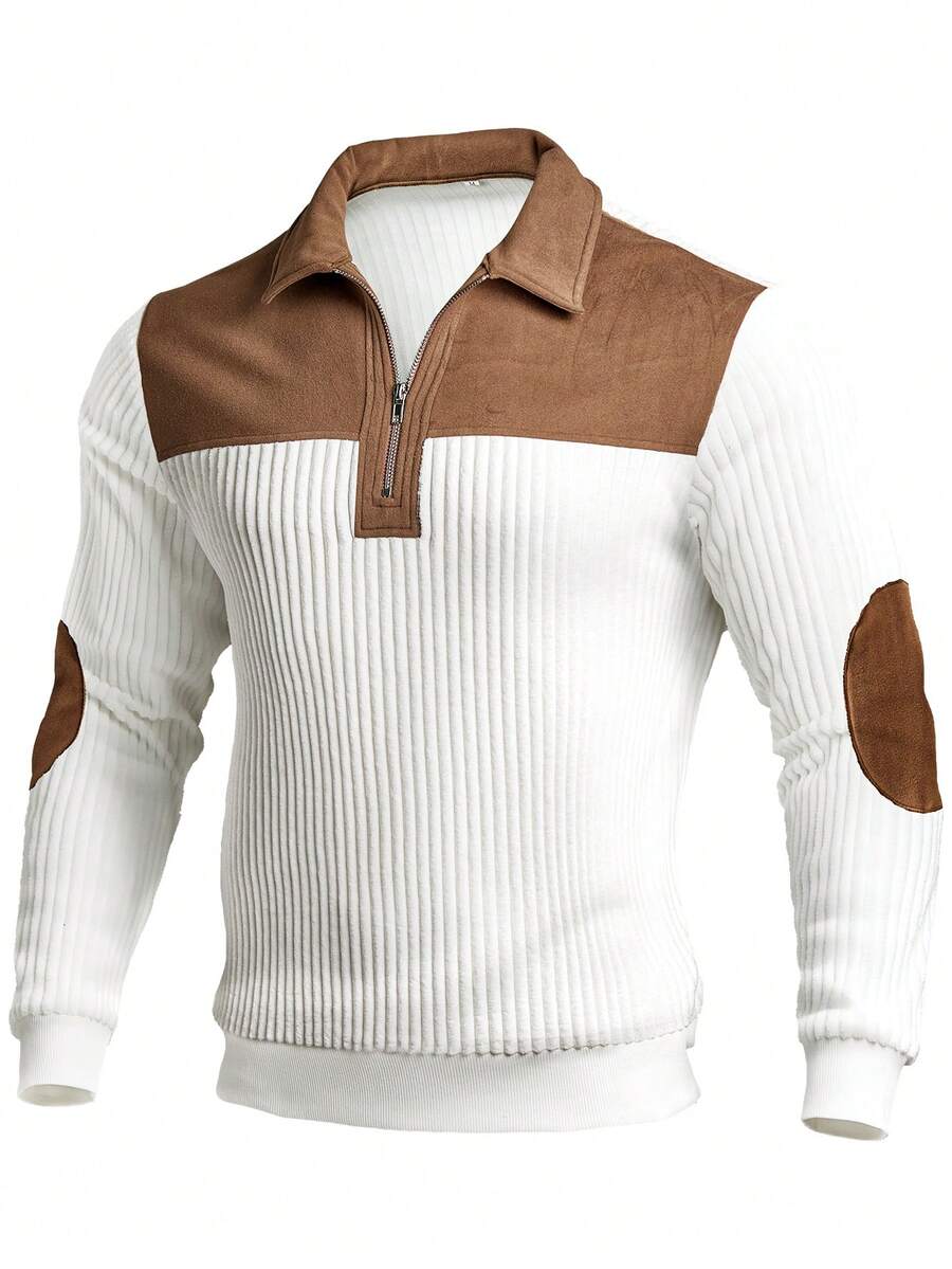 Men's Contrast Color Design Casual Crew Neck Sweatshirt - White Ribbed With Brown Splice, Thick Warm Pullover, Stand Collar Zipper Design, Suitable For Casual, Fashion, Simple, Versatile Outings And Commuting Long Sleeve Personalized Sweatshirt