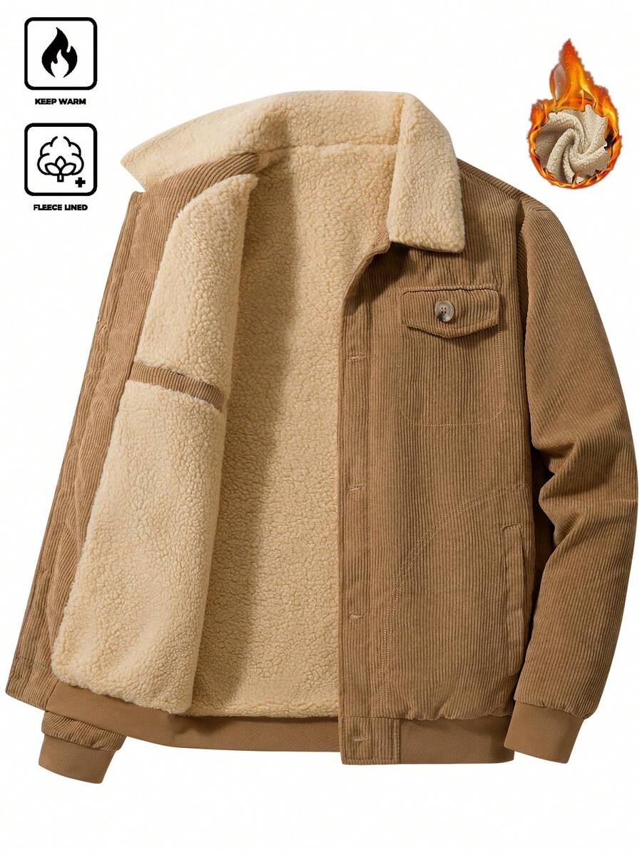 Manfinity Homme Men's Corduroy Thickened -Padded Coat For Autumn & Winter Men Winter Jacket Blue Corduroy Jacket Fleece Jacket Men Men Corduroy Jacket Men Thermal Lined Corduroy Jacket