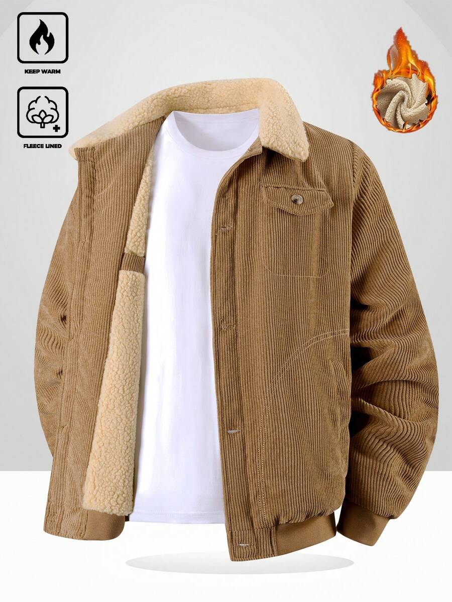 Manfinity Homme Men's Corduroy Thickened -Padded Coat For Autumn & Winter Men Winter Jacket Blue Corduroy Jacket Fleece Jacket Men Men Corduroy Jacket Men Thermal Lined Corduroy Jacket