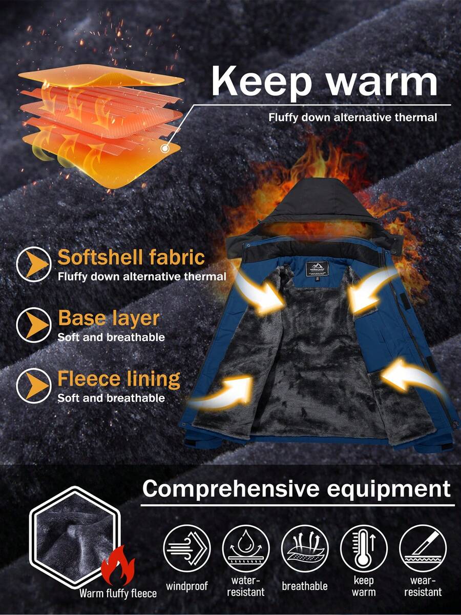 NASBING Men's Winter Ski Jacket Water Resistant Windproof Snowboard Thermal Lined Hooded Winter Clothes 4 Pockets Parka Hiking Camping Climbing,Fleece,Skiing