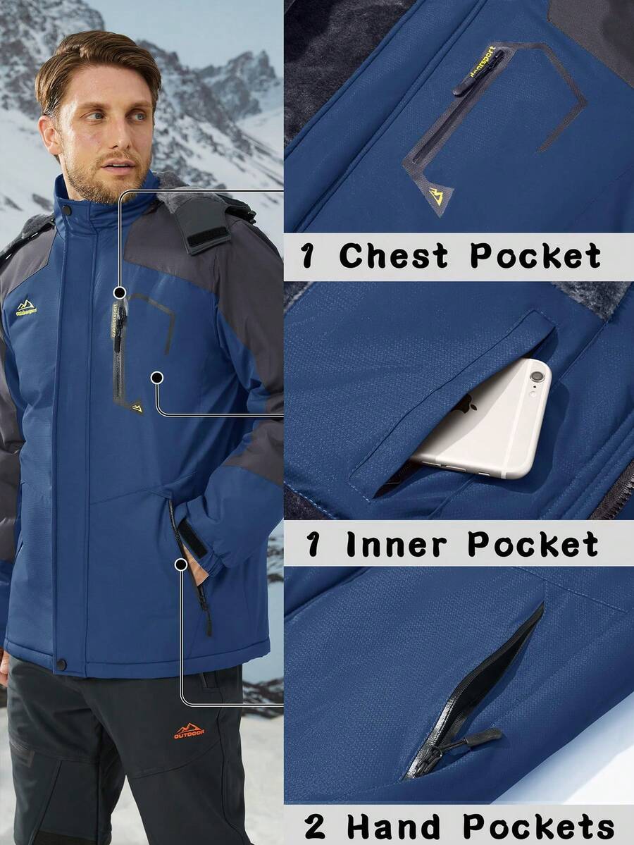 NASBING Men's Winter Ski Jacket Water Resistant Windproof Snowboard Thermal Lined Hooded Winter Clothes 4 Pockets Parka Hiking Camping Climbing,Fleece,Skiing