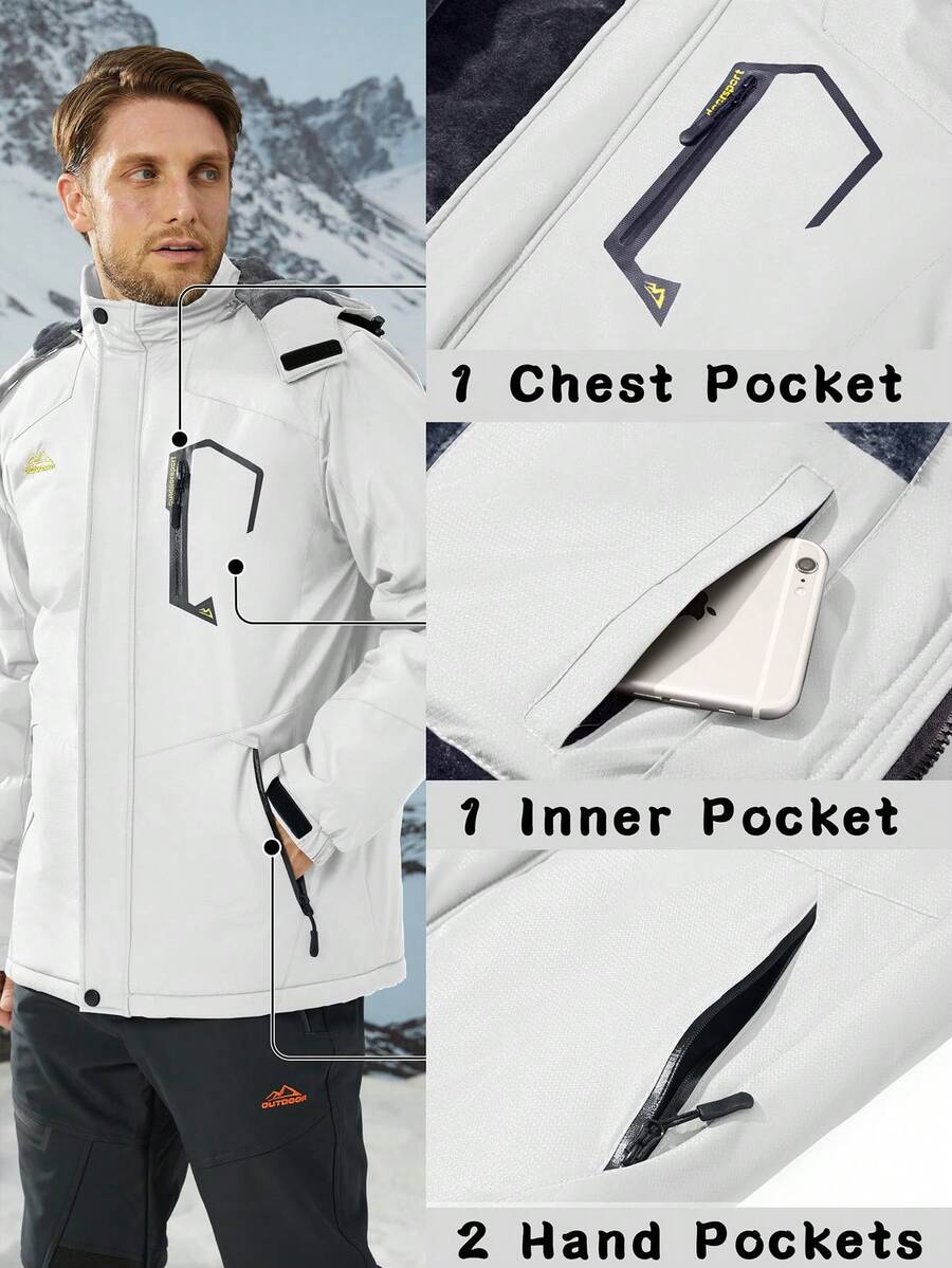 NASBING Men's Winter Ski Jacket Water Resistant Windproof Snowboard Thermal Lined Hooded Winter Clothes 4 Pockets Parka Hiking Camping Climbing,Fleece,Skiing
