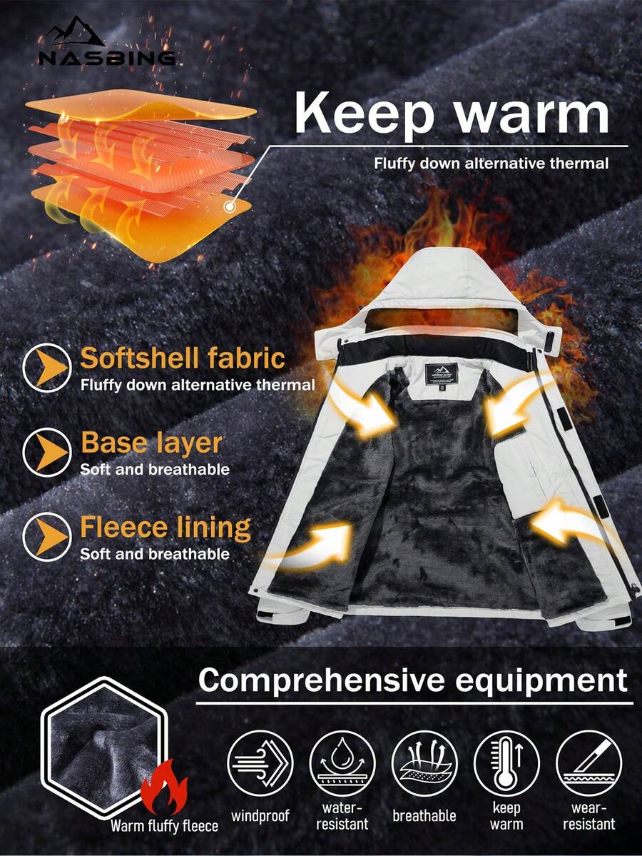 NASBING Men's Winter Ski Jacket Water Resistant Windproof Snowboard Thermal Lined Hooded Winter Clothes 4 Pockets Parka Hiking Camping Climbing,Fleece,Skiing