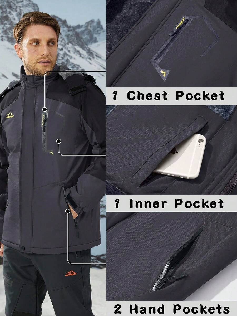 NASBING Men's Winter Ski Jacket Water Resistant Windproof Snowboard Thermal Lined Hooded Winter Clothes 4 Pockets Parka Hiking Camping Climbing,Fleece,Skiing