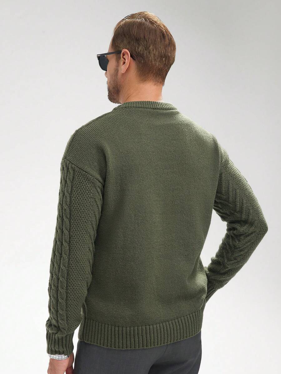 Manfinity Homme Men's Solid Color Cable Casual Pullover Sweater, Long Sleeve Top