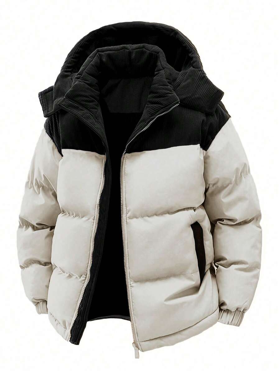 Men's Autumn/Winter Color Block Thickened Warm Hooded Padded Coat