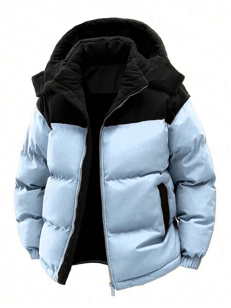 Men's Autumn/Winter Color Block Thickened Warm Hooded Padded Coat
