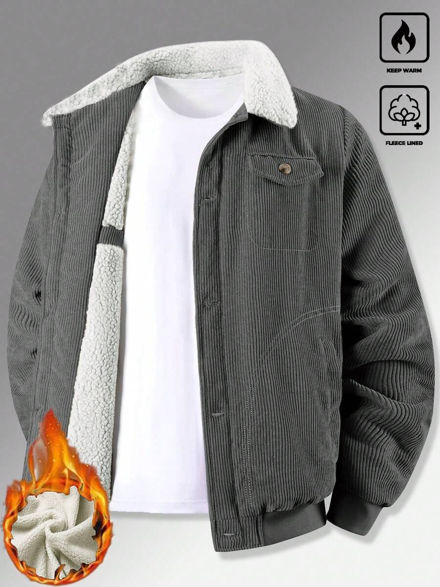 Manfinity Homme Men's Corduroy Thickened -Padded Coat For Autumn & Winter Men Winter Jacket Blue Corduroy Jacket Fleece Jacket Men Men Corduroy Jacket Men Thermal Lined Corduroy Jacket