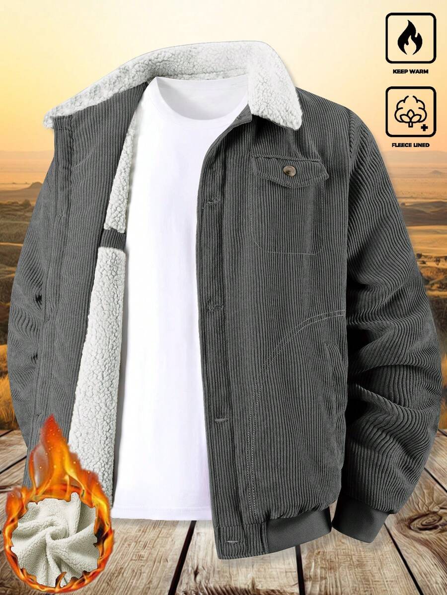 Manfinity Homme Men's Corduroy Thickened -Padded Coat For Autumn & Winter Men Winter Jacket Blue Corduroy Jacket Fleece Jacket Men Men Corduroy Jacket Men Thermal Lined Corduroy Jacket