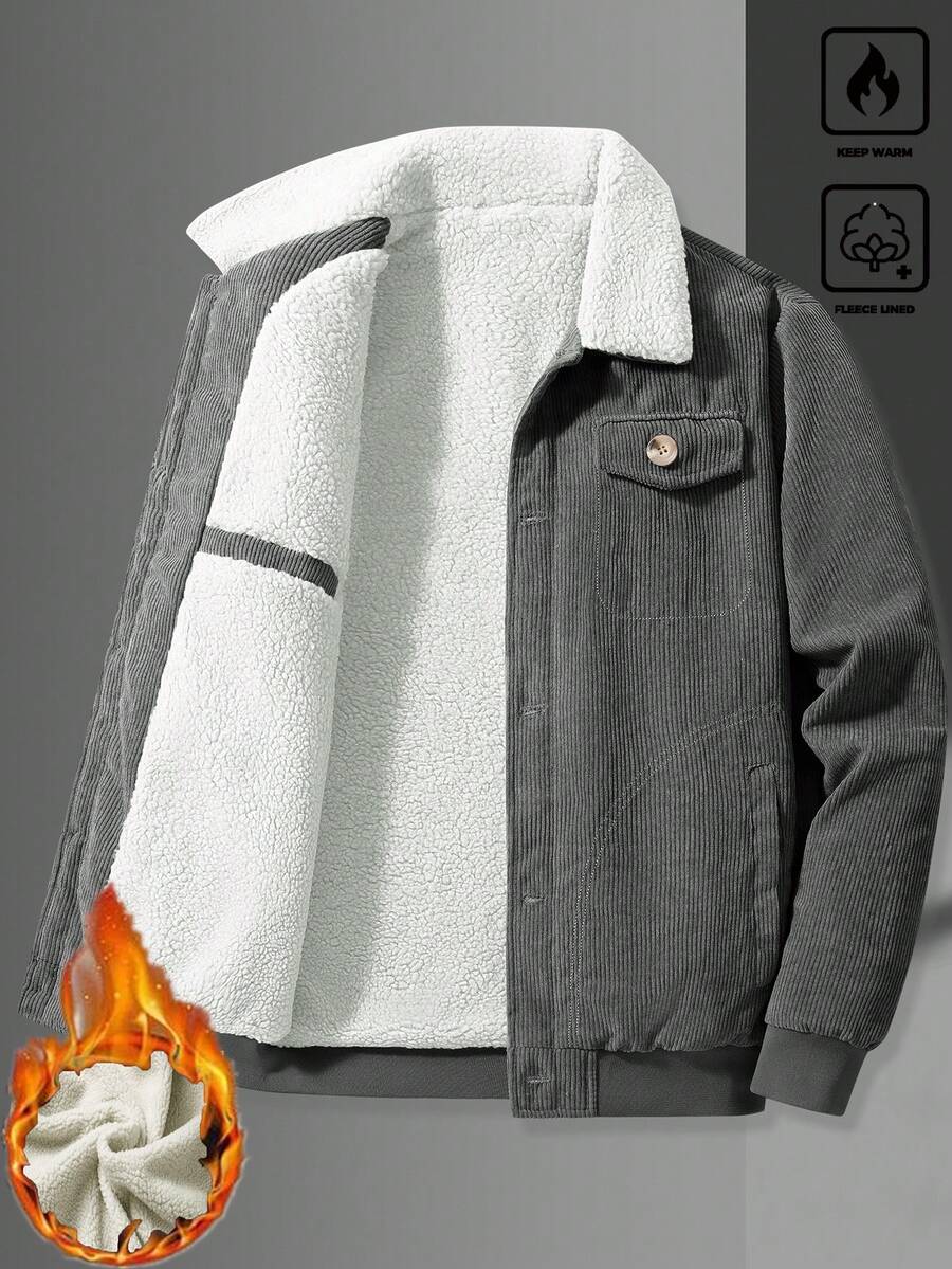 Manfinity Homme Men's Corduroy Thickened -Padded Coat For Autumn & Winter Men Winter Jacket Blue Corduroy Jacket Fleece Jacket Men Men Corduroy Jacket Men Thermal Lined Corduroy Jacket