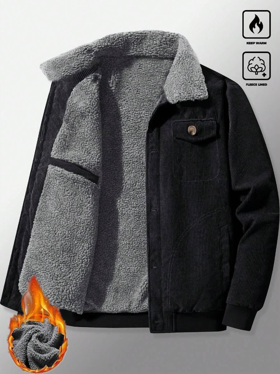 Manfinity Homme Men's Corduroy Thickened -Padded Coat For Autumn & Winter Men Winter Jacket Blue Corduroy Jacket Fleece Jacket Men Men Corduroy Jacket Men Thermal Lined Corduroy Jacket