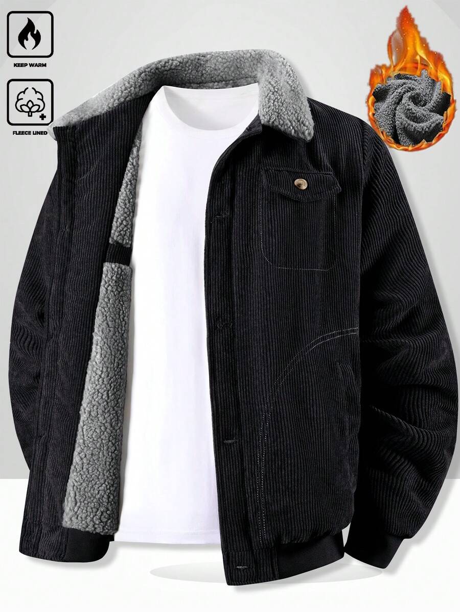 Manfinity Homme Men's Corduroy Thickened -Padded Coat For Autumn & Winter Men Winter Jacket Blue Corduroy Jacket Fleece Jacket Men Men Corduroy Jacket Men Thermal Lined Corduroy Jacket