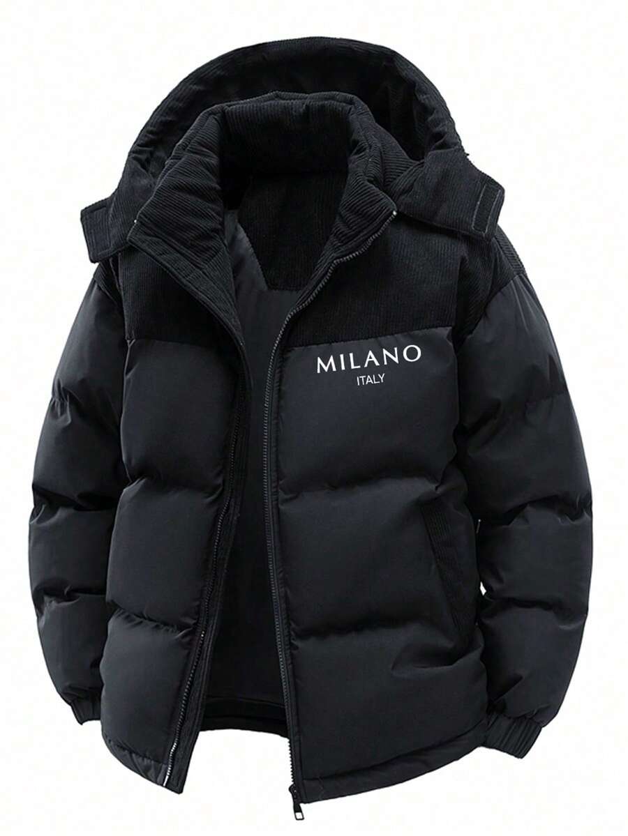 Men's Autumn/Winter Color Block Thickened Warm Hooded Padded Coat