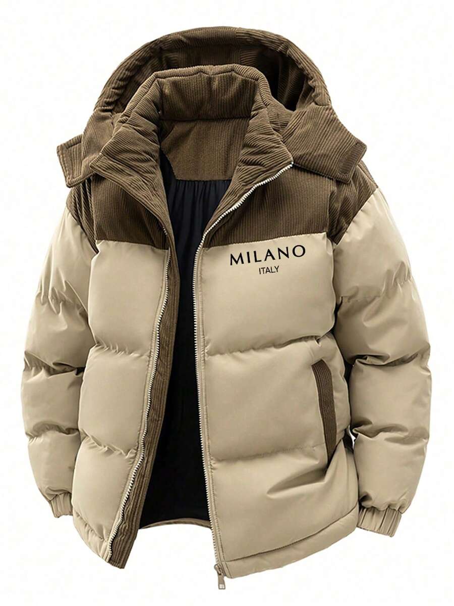 Men's Autumn/Winter Color Block Thickened Warm Hooded Padded Coat