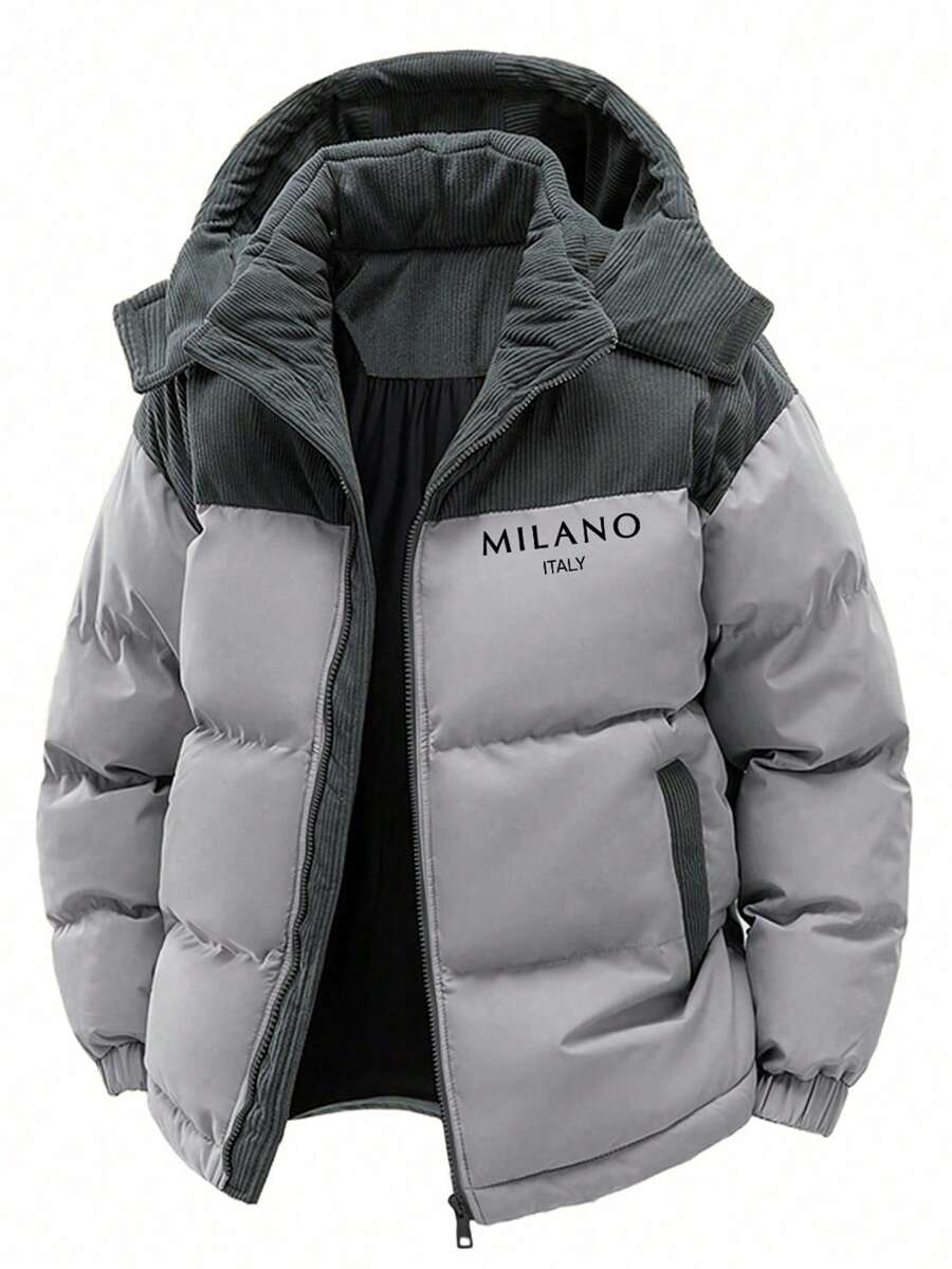 Men's Autumn/Winter Color Block Thickened Warm Hooded Padded Coat