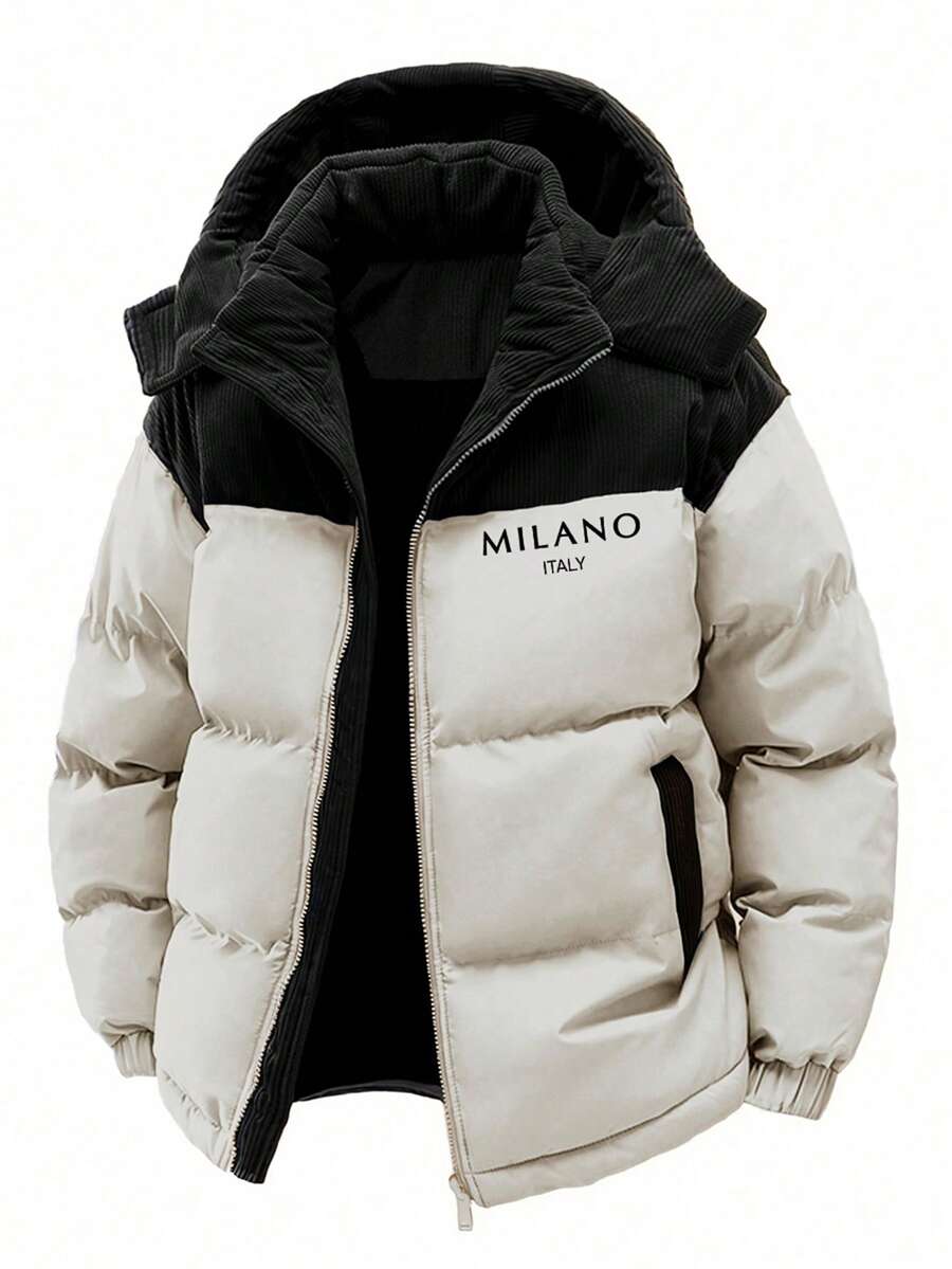 Men's Autumn/Winter Color Block Thickened Warm Hooded Padded Coat