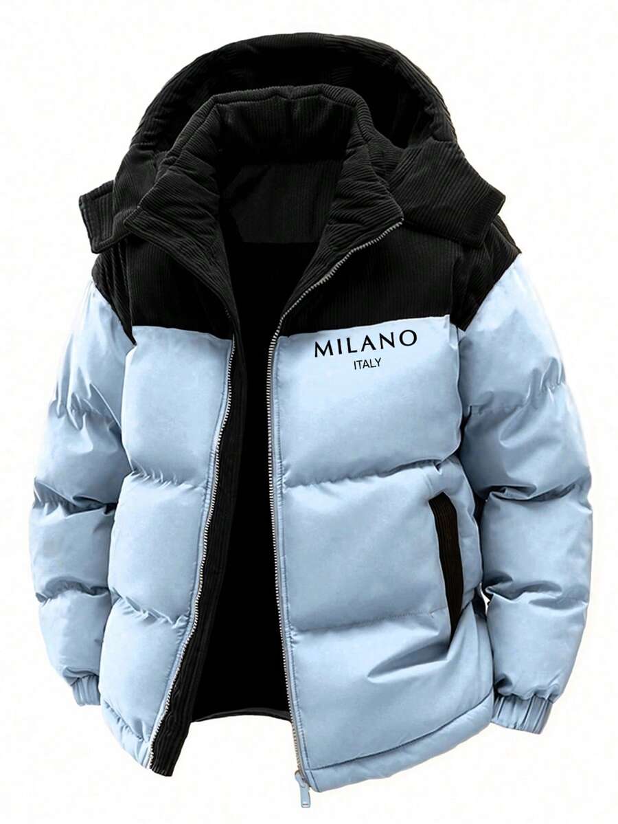 Men's Autumn/Winter Color Block Thickened Warm Hooded Padded Coat